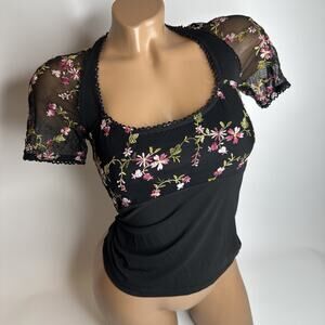 Black Mesh Floral Embroidered Puff Sleeve Goth Milkmaid Coquette Top XS Paris